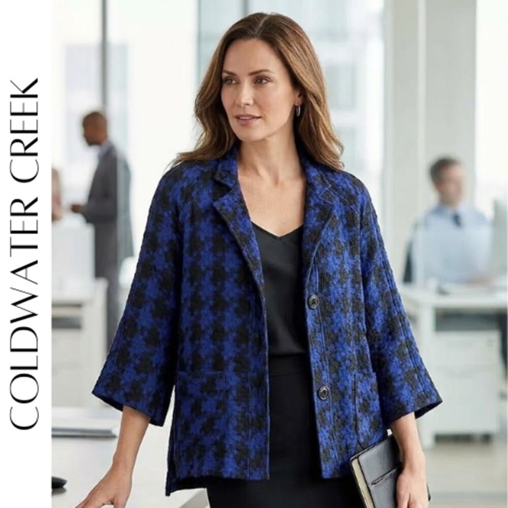 Coldwater Creek Blue & Black Houndstooth Pattern Jacket, Size Large